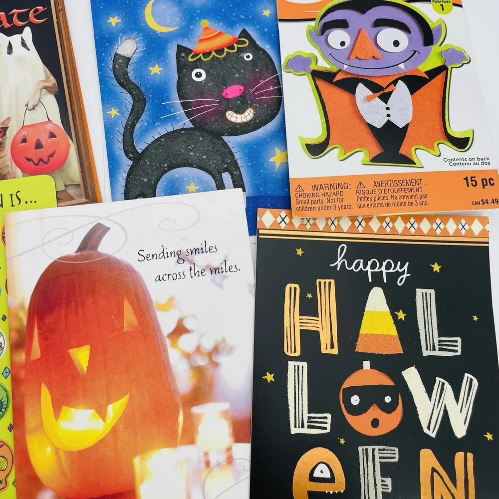 Lot of 7 Halloween Greeting Cards Ghost Cats Dogs Stickers Packs and Sheets‎